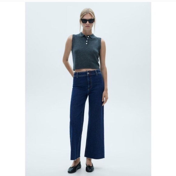 MNG Mango Catherine Wide Leg Jeans Dark Wash Raw Hems 12 - Picture 1 of 8